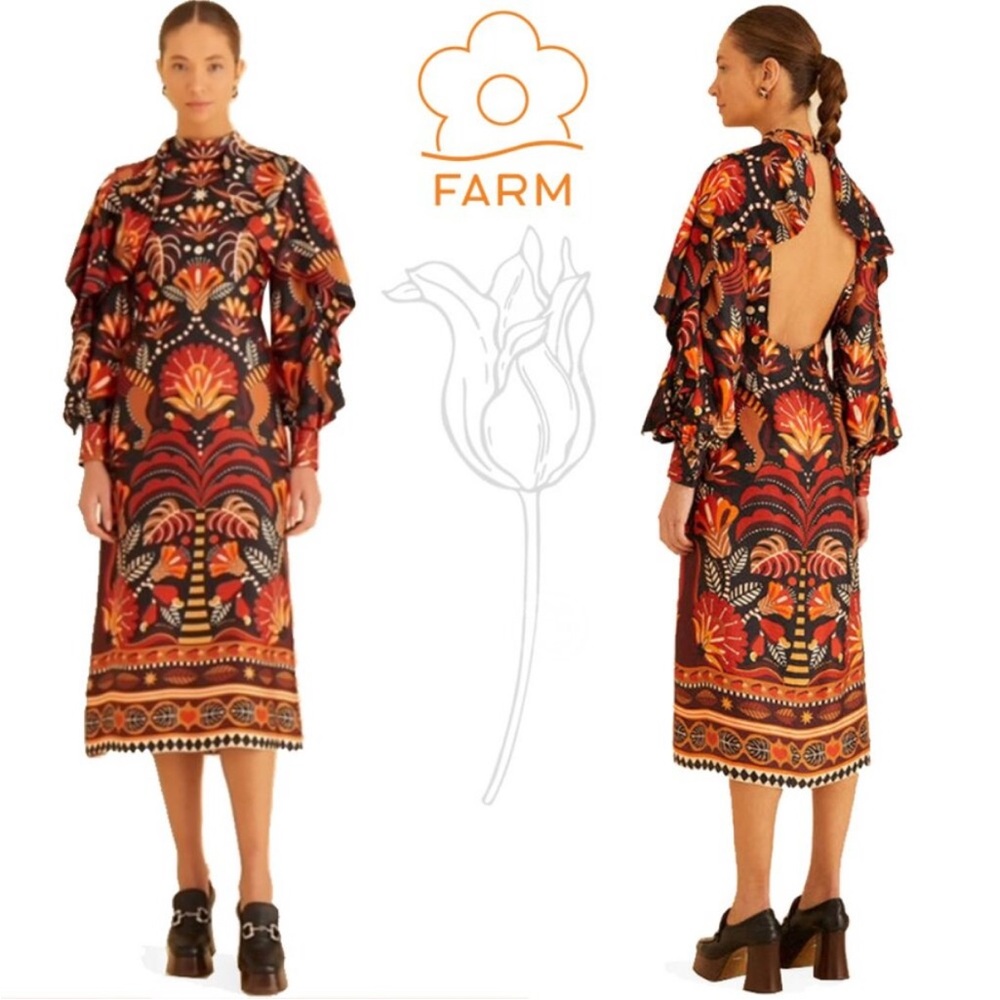 🎉HP🎉Farm Rio for Anthropologie Nature Beauty Scarf Ruffle Open Back Dress XL